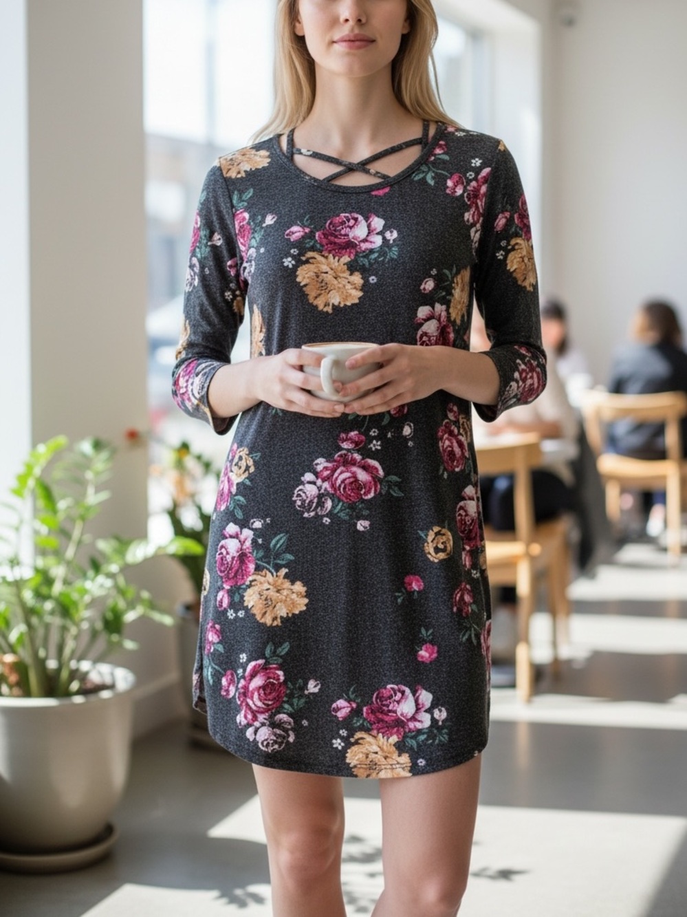 No Boundaries Black Floral Midi Dress with Pink & Gold Roses Crisscross Back